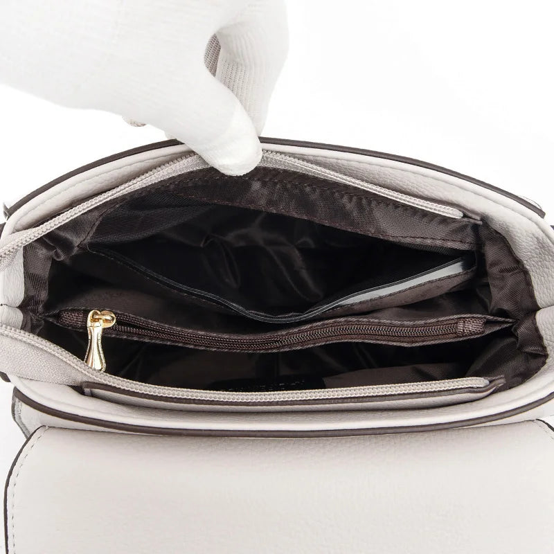 Genuine Cow Leather Shoulder Bag With Subtle Flap And Refined Hardware — Creamy Beige With Taupe Trim | KIMLUD