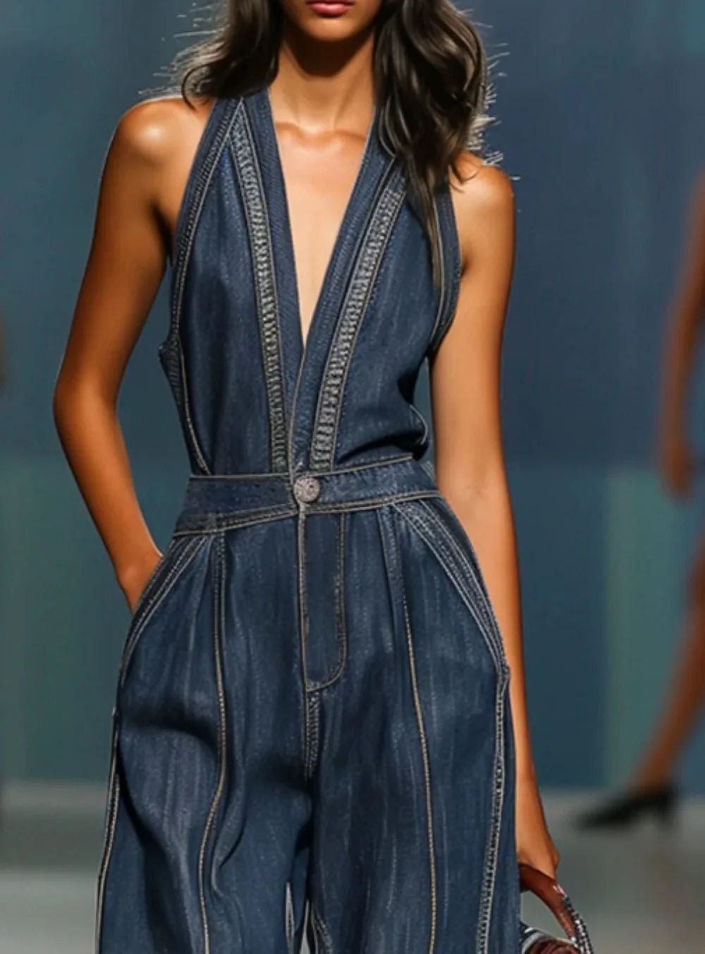 Faux Denim Jumpsuits & Rompers Halter Neck Sleeveless Wide-Leg — Blue | KIMLUD