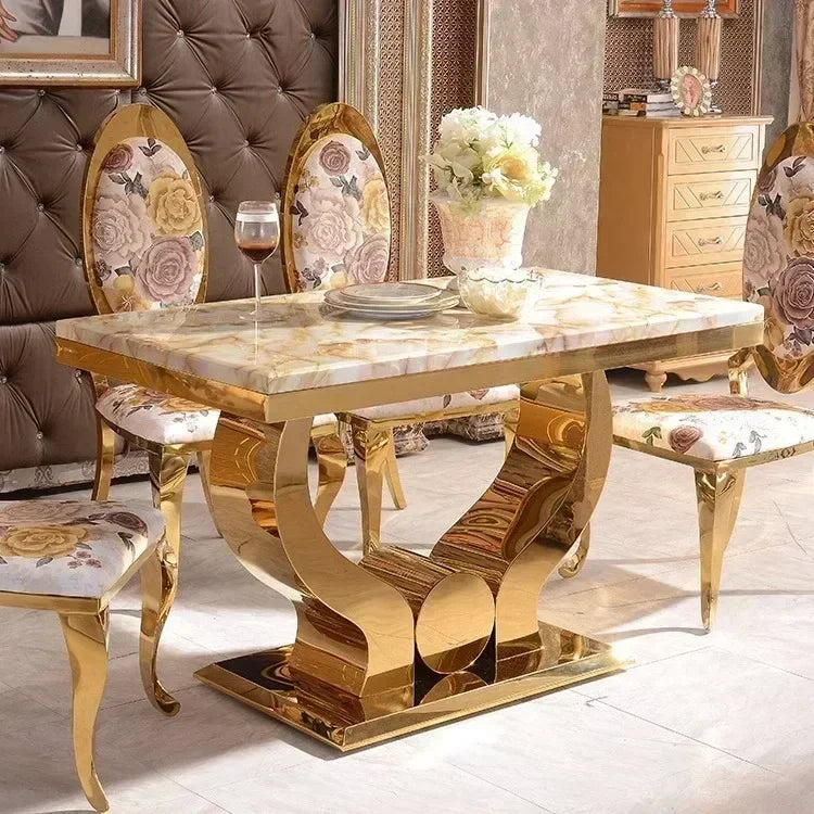 Marble Dining Table Set Rectangular 6 Chairs — Warm Gold | KIMLUD