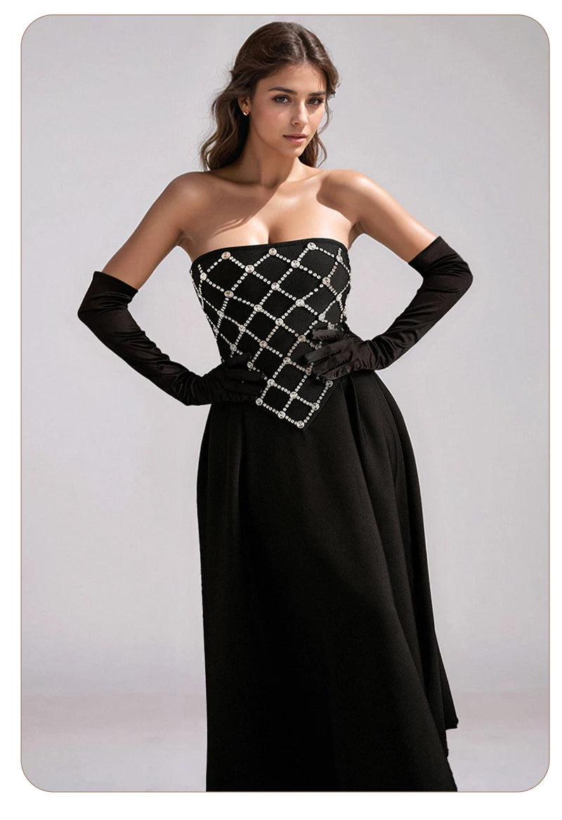VC Glamorous Black Sleeveless Strapless Dress with Diamond-Grid Details for Galas Gown
