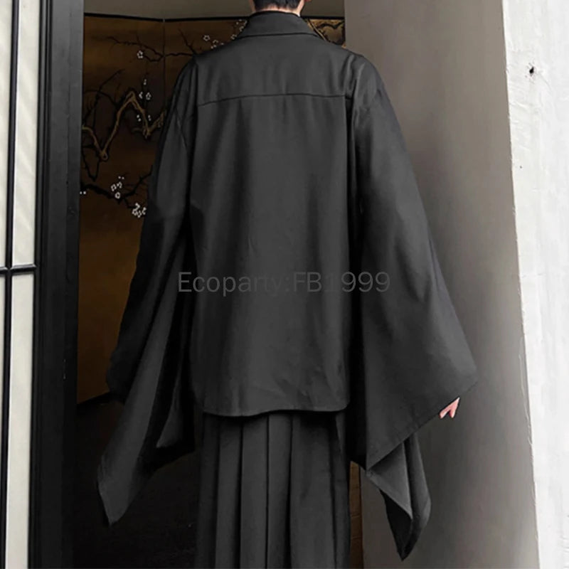 Men Hanfu Shirt – Black Lapel Flare Long Sleeve Gothic – Polyester – Black | KIMLUD