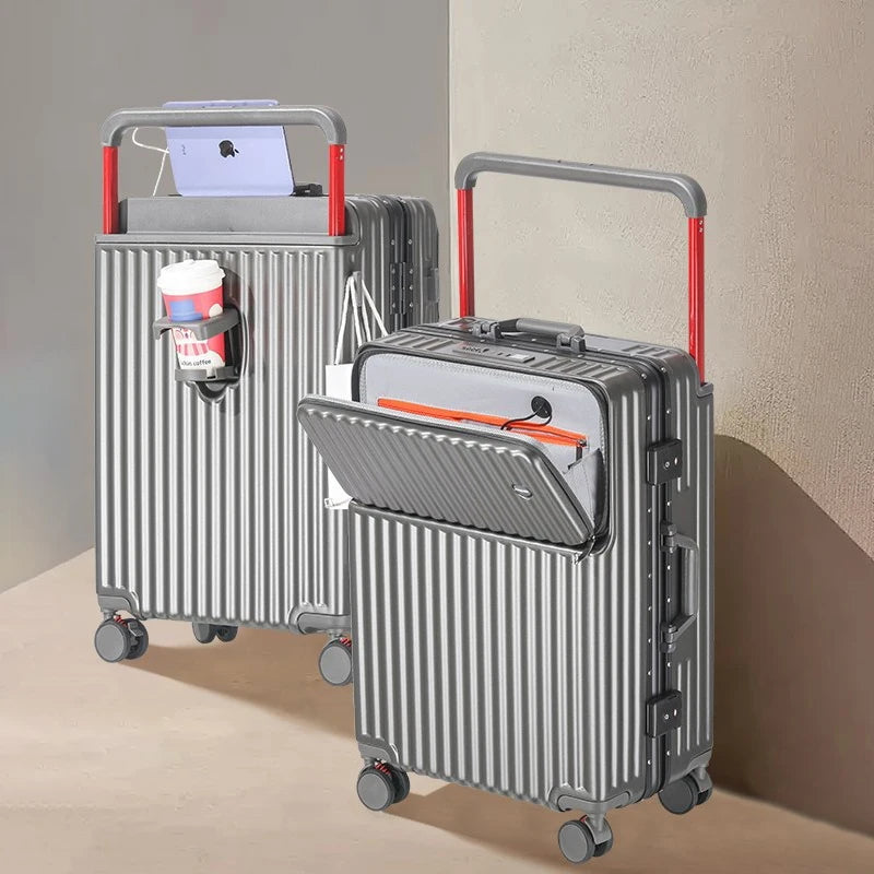 Aluminum Framed Front Open Suitcase Carry-on Bag Wide Handle Luggage Multifunctional 20/28-inch Impact Resistant Travel Bag