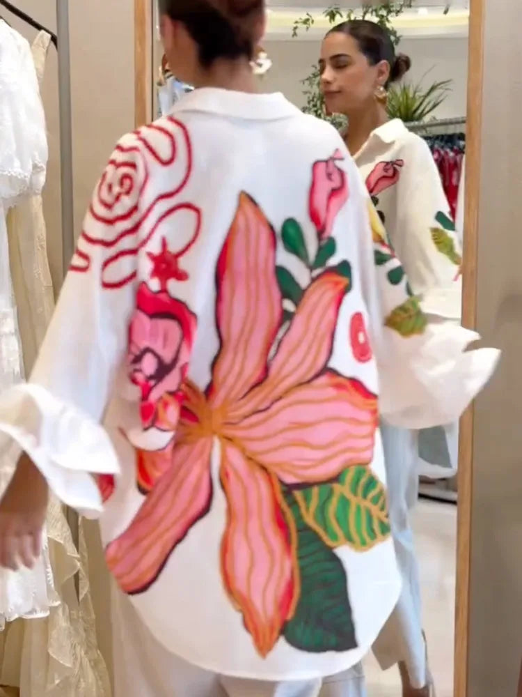 Blouse – Floral Print High-Low Lapel – Polyester – White | KIMLUD