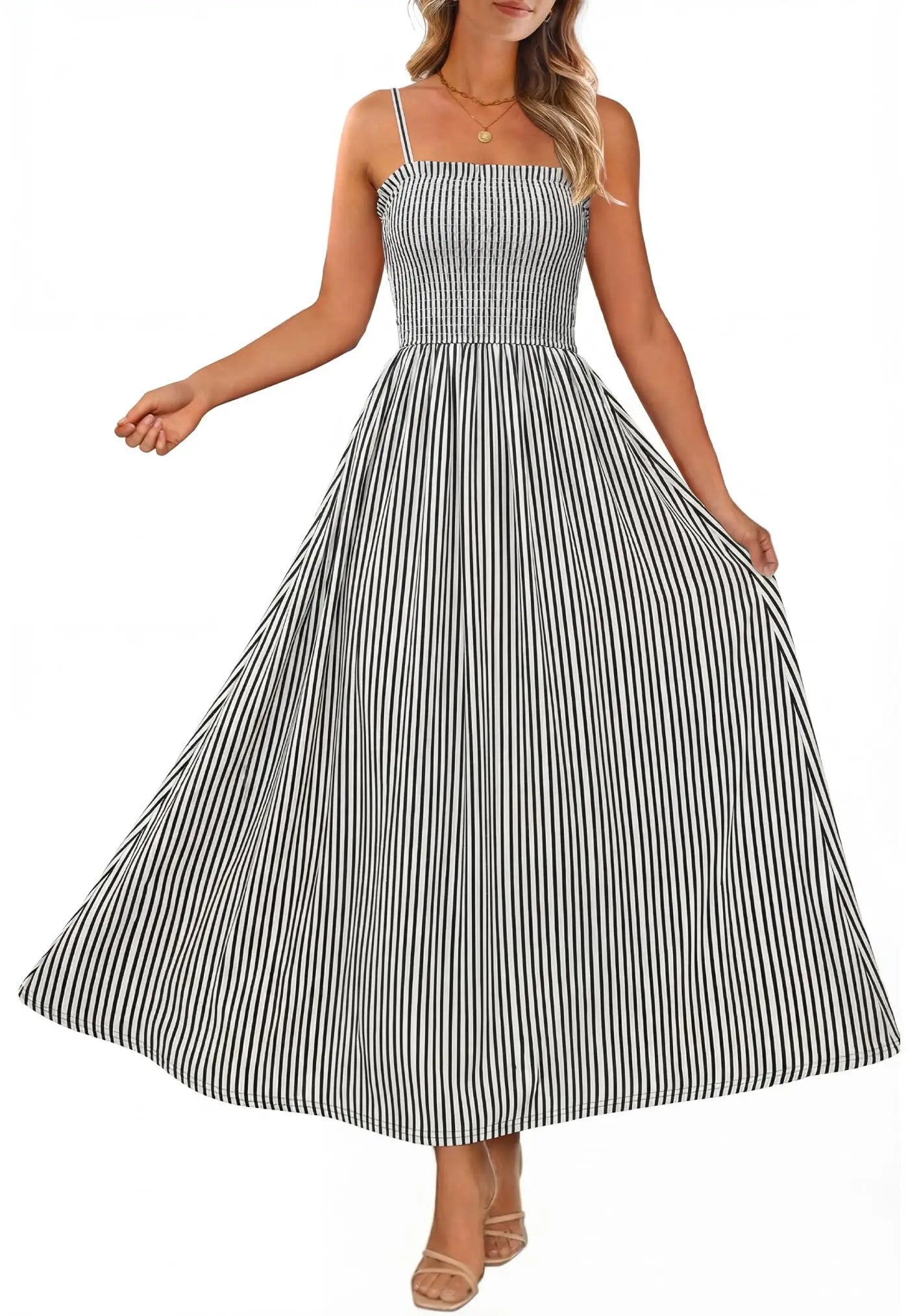 Spaghetti Strap Maxi Dress – Smocked Waist – Polyester Fiber | KIMLUD