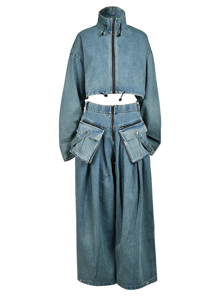 CHICEVER Denim Women's Sets For Women Lapel Long Sleeve Spliced Drawstring Tops High Waist Oversize Jeans Solid Set Female 2024 - KIMLUD