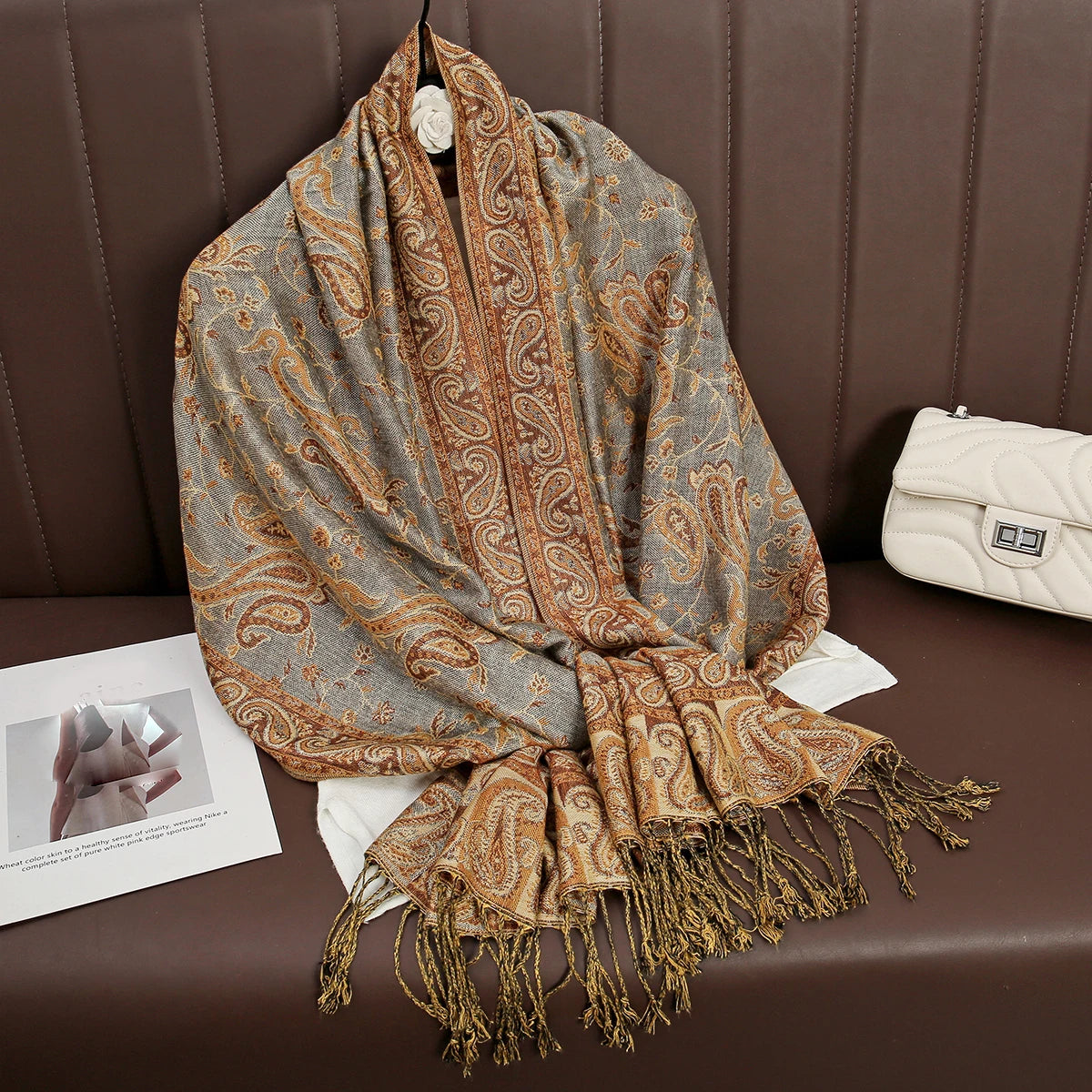 Cashmere Pashmina Shawl With Autumn Print Design, Olive Accents And Gold-Toned Fringe — Red | KIMLUD