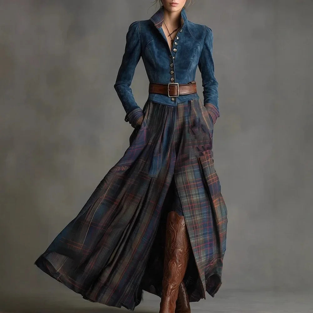 Leather Velvet Splicing Plaid Maxi Dress — Navy | KIMLUD