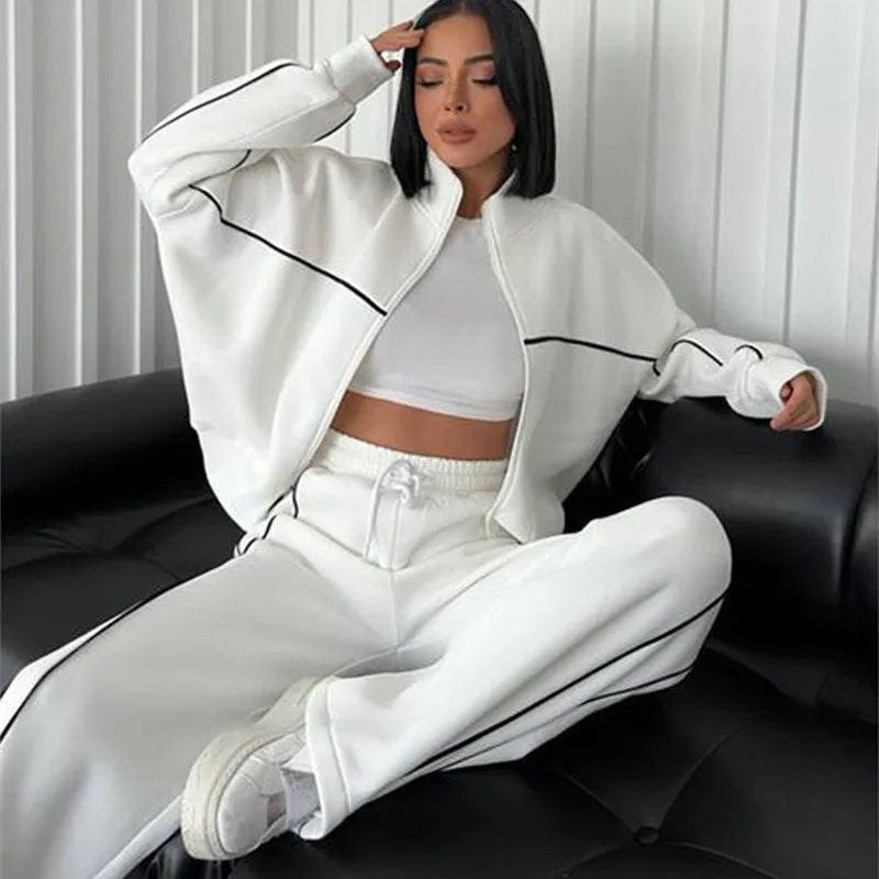Two-Piece Tracksuit Cardigan Sweater And Trousers — Navy | KIMLUD