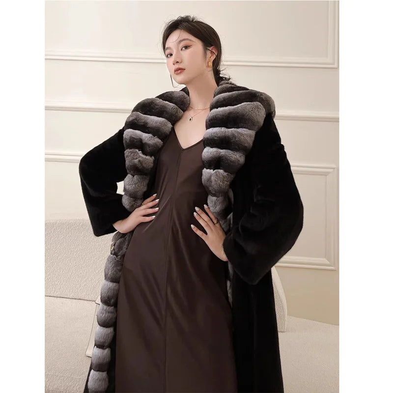 Long Faux Fur Coat Women Autumn Winter Large Jacket Overcoat White Turn Down Collar Pockets Thick Coat Warm Jackets Maxi Coats