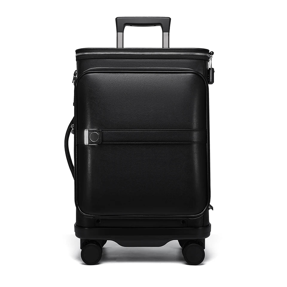 Cowhide Leather Suitcases Hard Shell — Black | KIMLUD