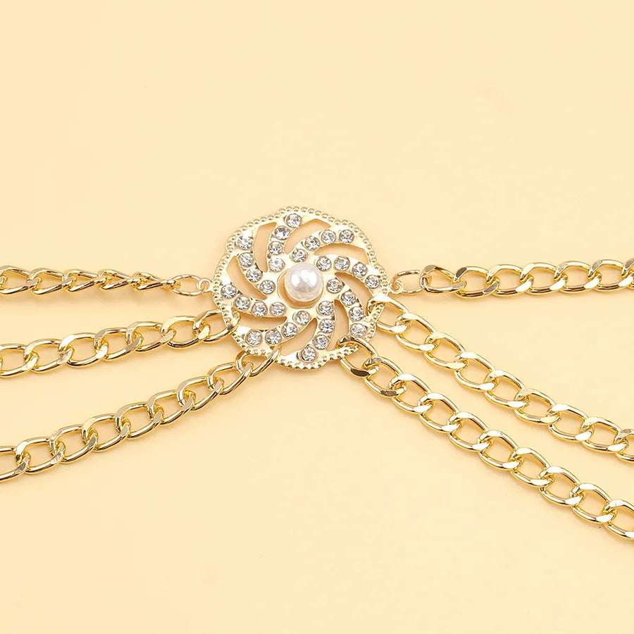 Gold-Tone Waist Chain Belt Diamond Pearl Disc Inlays With Radiant Faceting — Gold-Tone | KIMLUD