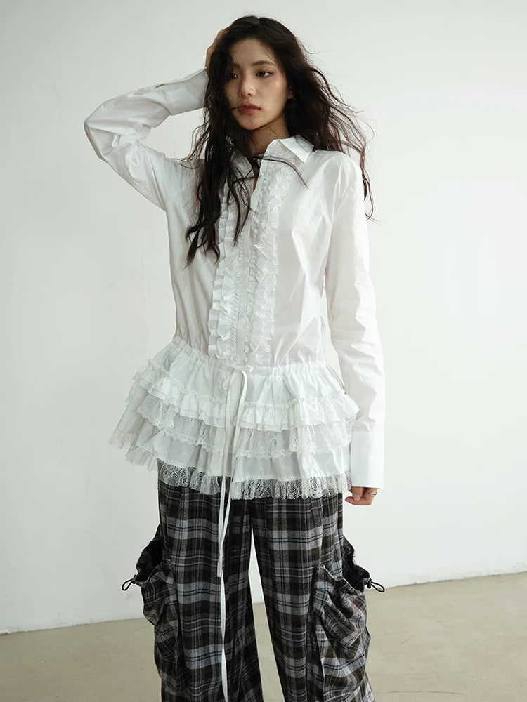 Blouse – Lace Ruffles – Jersey – White | KIMLUD