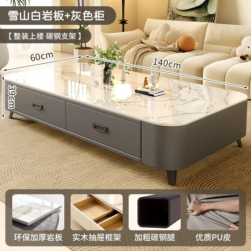 Rock-Slab Coffee Table With Wooden Frame — White | KIMLUD