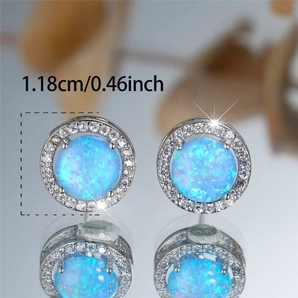 Crystal Opal Stud Earrings Round Stone — Silver | KIMLUD