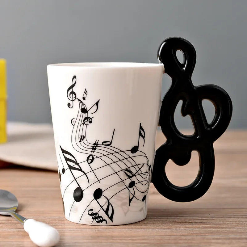 Bone China Mug With Music Note Motif And Delicate Guitar Handle — White | KIMLUD