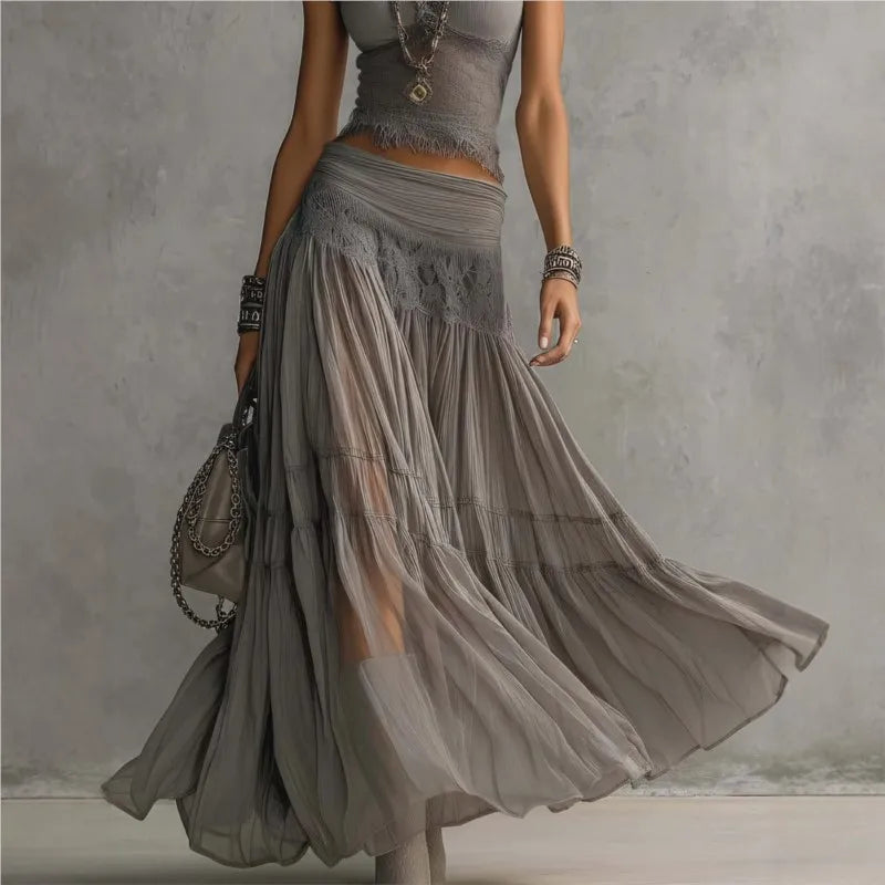 Lace-Spliced Maxi Two-Piece Set Slim-Fit Top And High-Waisted Skirt — Slate Gray | KIMLUD