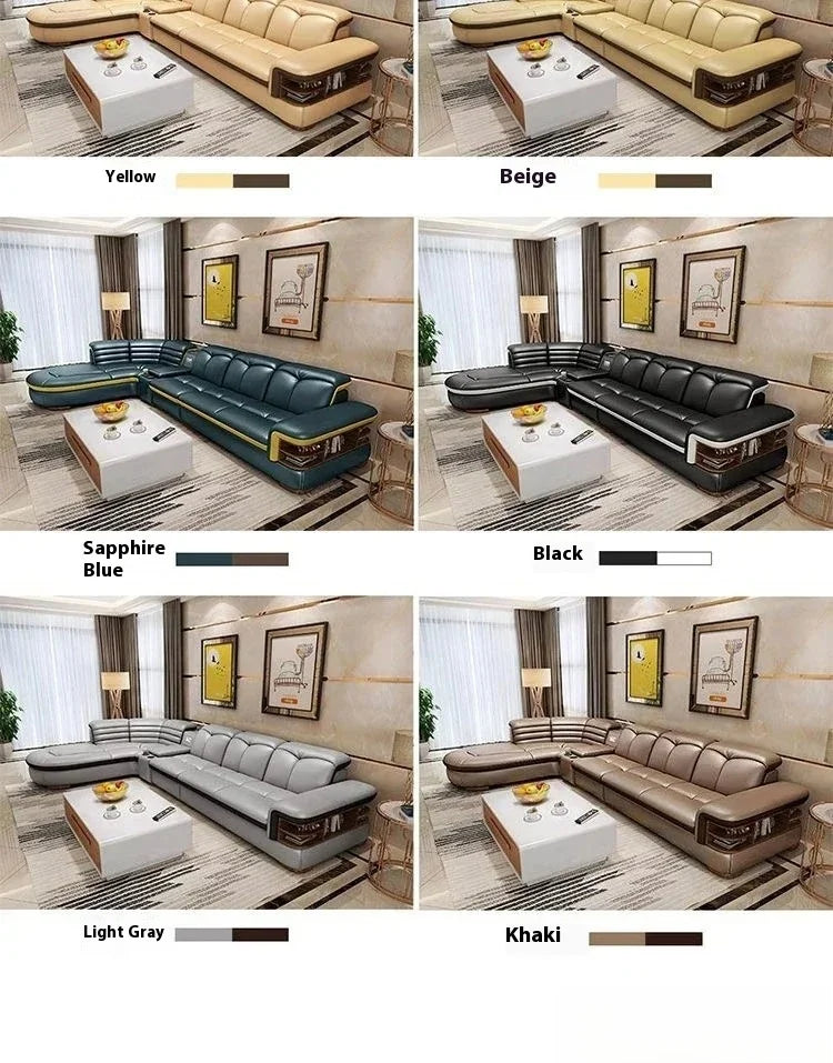 Genuine Leather Solid L-Shaped Sofa — Black | KIMLUD