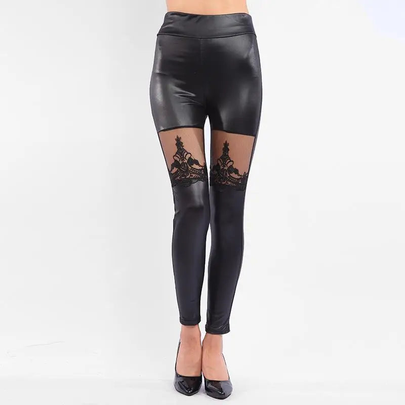Lace Leather Patchwork Crop Pants Leggings — Black | KIMLUD