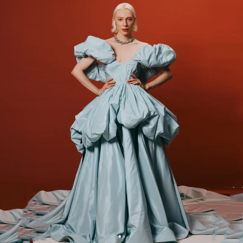 Light Blue Taffeta Prom Gowns Pleated Long Elegant Formal Dresses Off Shoulder Custom Made Layered Evening Dress with Sleeves