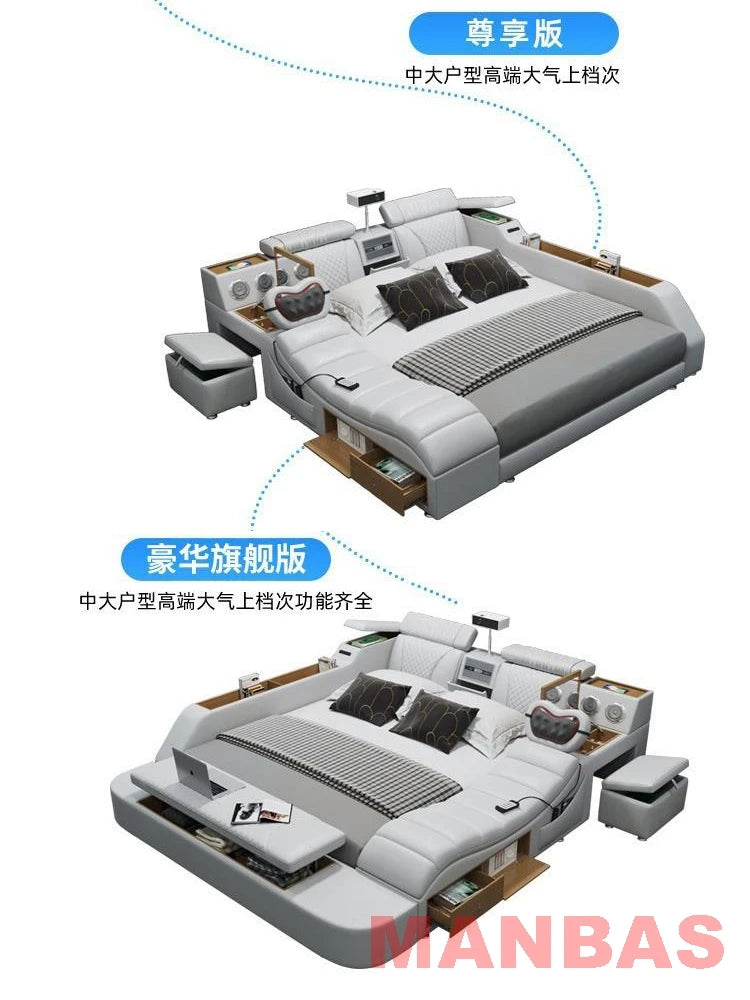 Genuine Leather Bed With Projector USB Speaker — White | KIMLUD