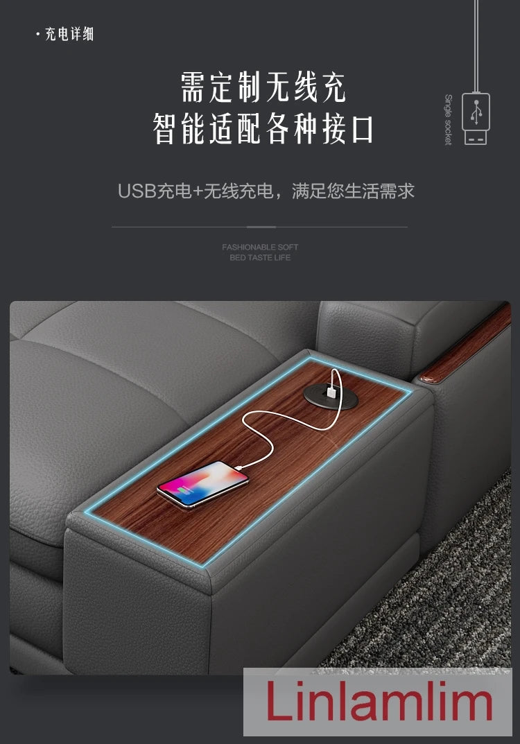 Italian Genuine Leather Sofa Featuring Bluetooth Speaker — Slate Gray | KIMLUD