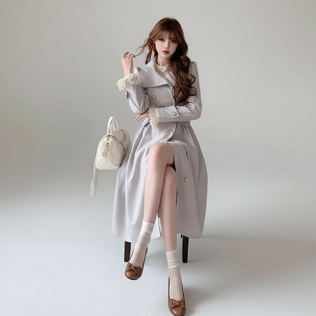 Polyester Trench Coat Waist-Defining Long Single Breasted — Beige | KIMLUD