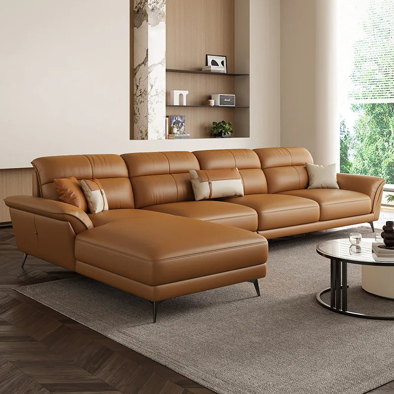 Leather Sculpted Modern L-Shaped Sofa — Black | KIMLUD