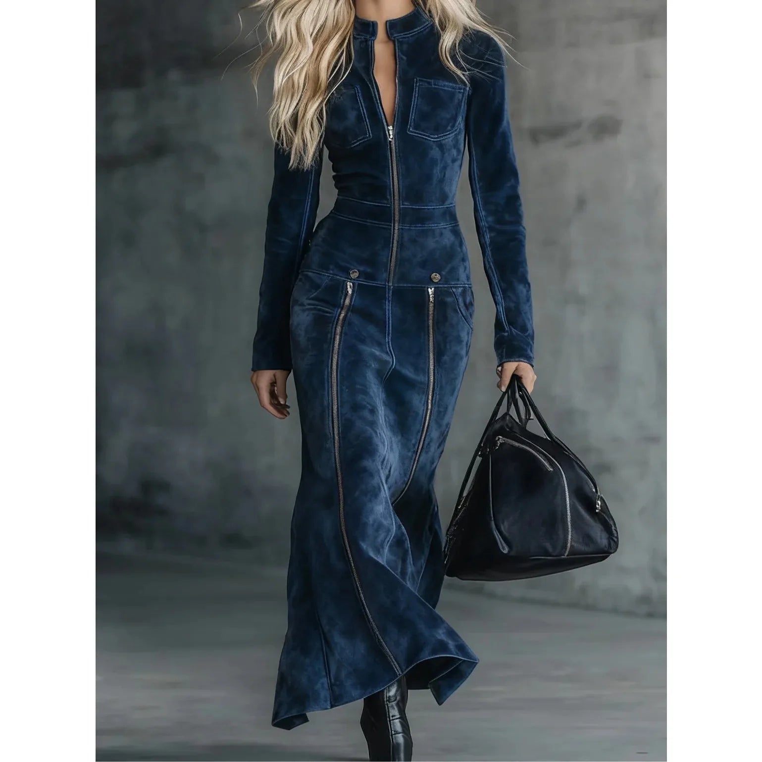 French Vintage-Inspired Faux Suede Multi-Zip Slim-Fit Dress for Women Elegant Stand Collar Long Sleeve Chic Ethnic Long Dress