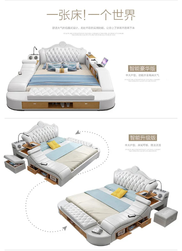 Solid Wood Headboard Storage Bed With Drawers — Ivory White | KIMLUD