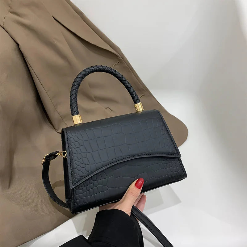 PU Leather Shoulder Bag Croc-Embossed Stone Pattern — Black | KIMLUD