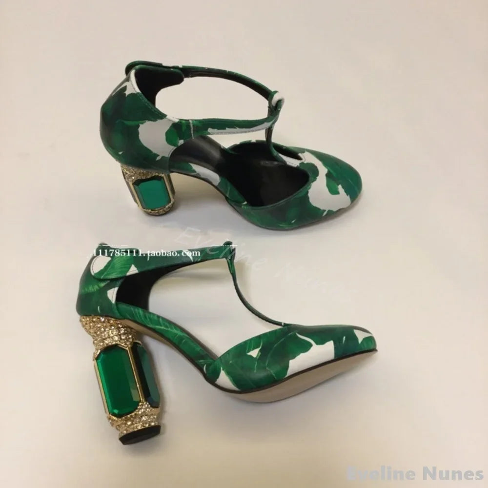 Sculpted Velvet T-Strap Crystal Heels — Emerald | KIMLUD
