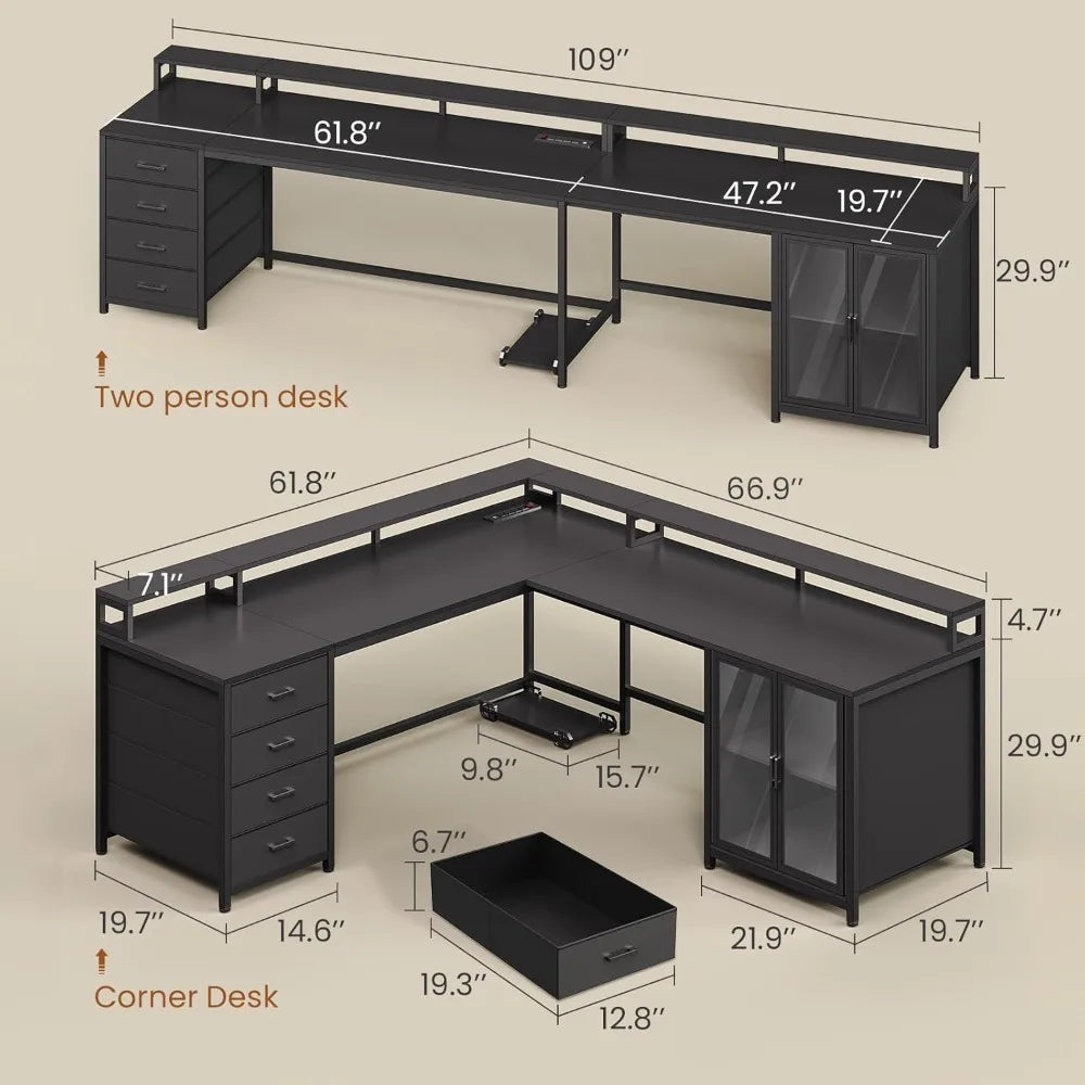 Metal L-Shaped Premium Desk With Drawers — Black | KIMLUD