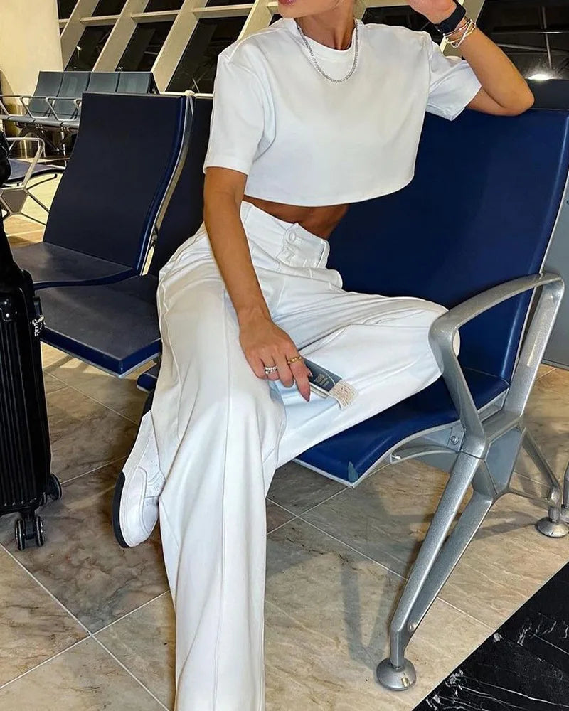 KIMLUD, Summer New Temperament Commuter Solid Color Short-Sleeved Suit Pants Fashion Casual Suit Women's Two Pieces Set New In Matching, KIMLUD Womens Clothes