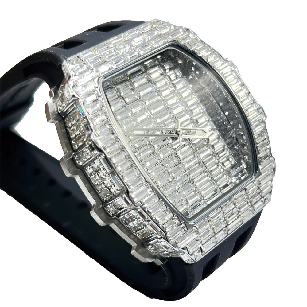 Luxury Brand Men Watch Fashion Unique Tonneau Watches Diamond Blingbling Dial Waterproof Rubber Band Wristwatch Hot Sale Gift