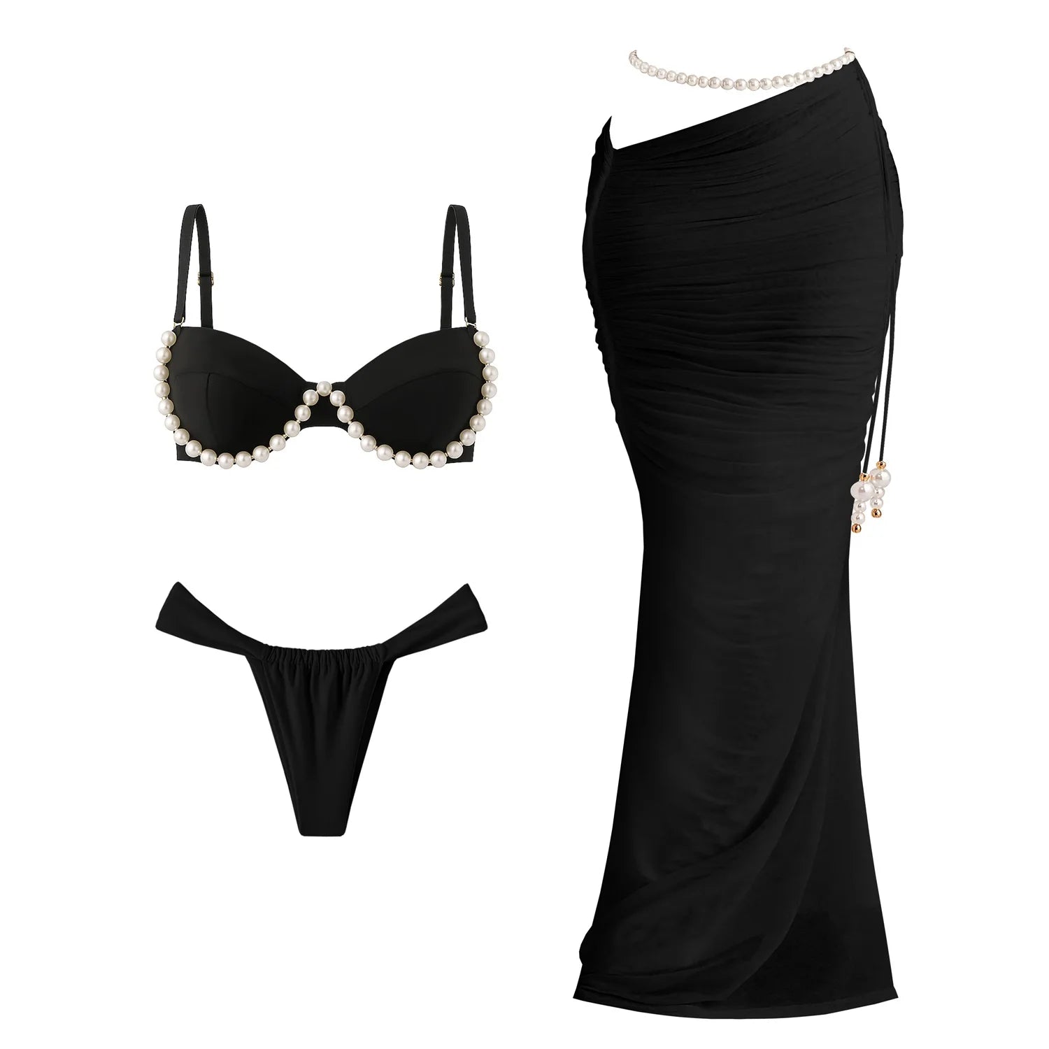 Pearl 3Pcs Bikini Set 2025 Bandeau Biquini Women Sexy Swimsuit Push Up Swimwear Female Mesh Skirt White Bathing Suit Beachwear