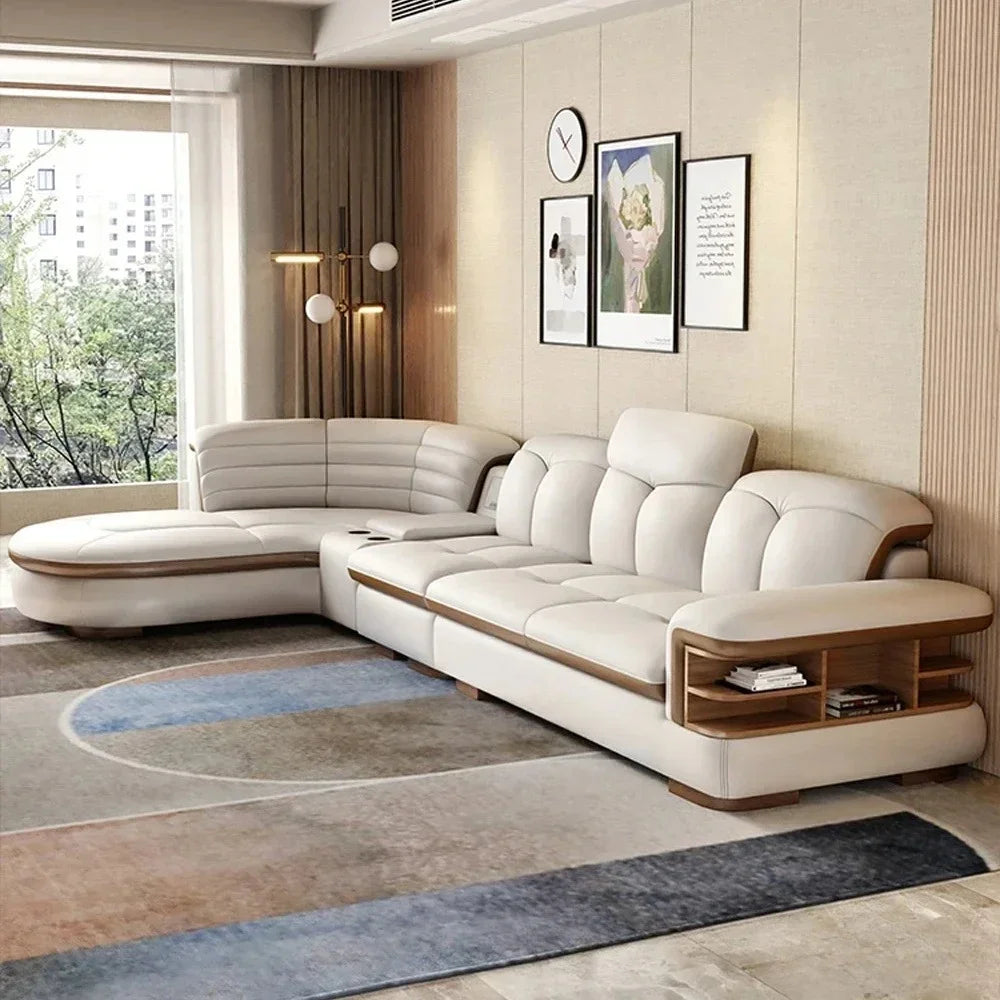 Genuine Leather Solid L-Shaped Sofa — Black | KIMLUD