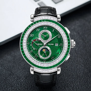 Men's Dress Watch – Moon Phase Date – Leather Strap – Green | KIMLUD
