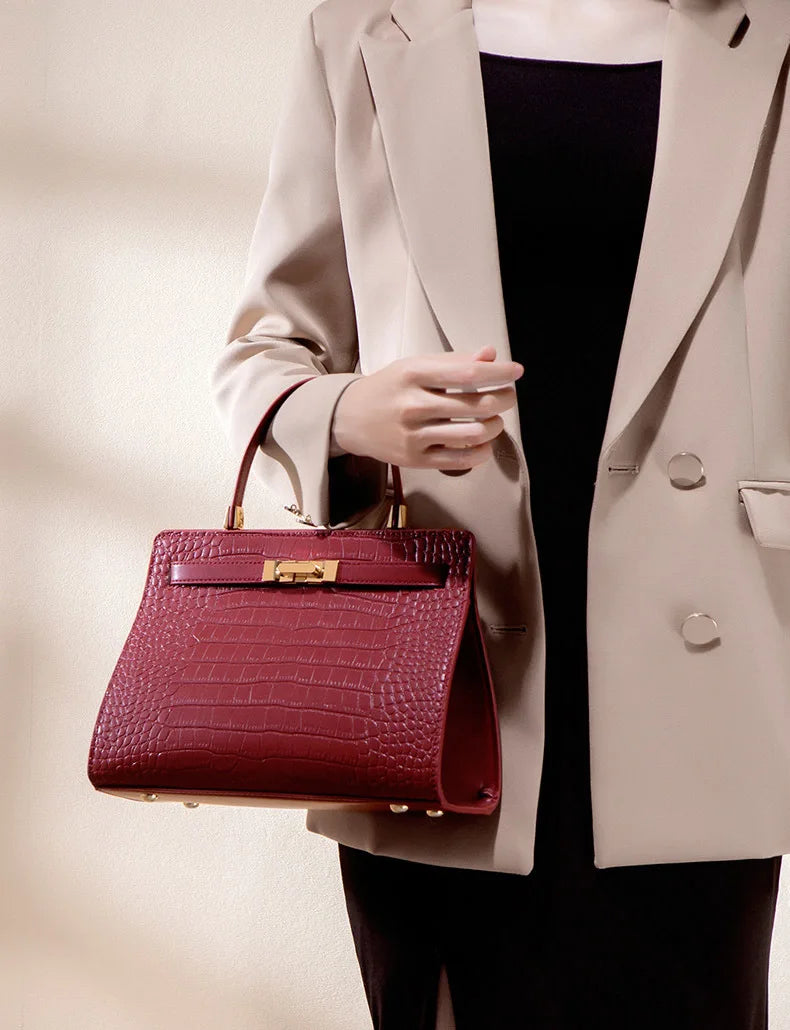PU Leather Crocodile Satchel Bag — Burgundy | KIMLUD