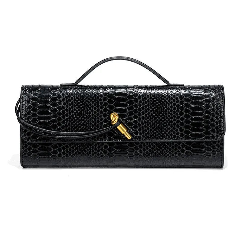 Snakeskin Embossed PU Leather Crossbody Bag Top Handle Evening Clutch — Black | KIMLUD