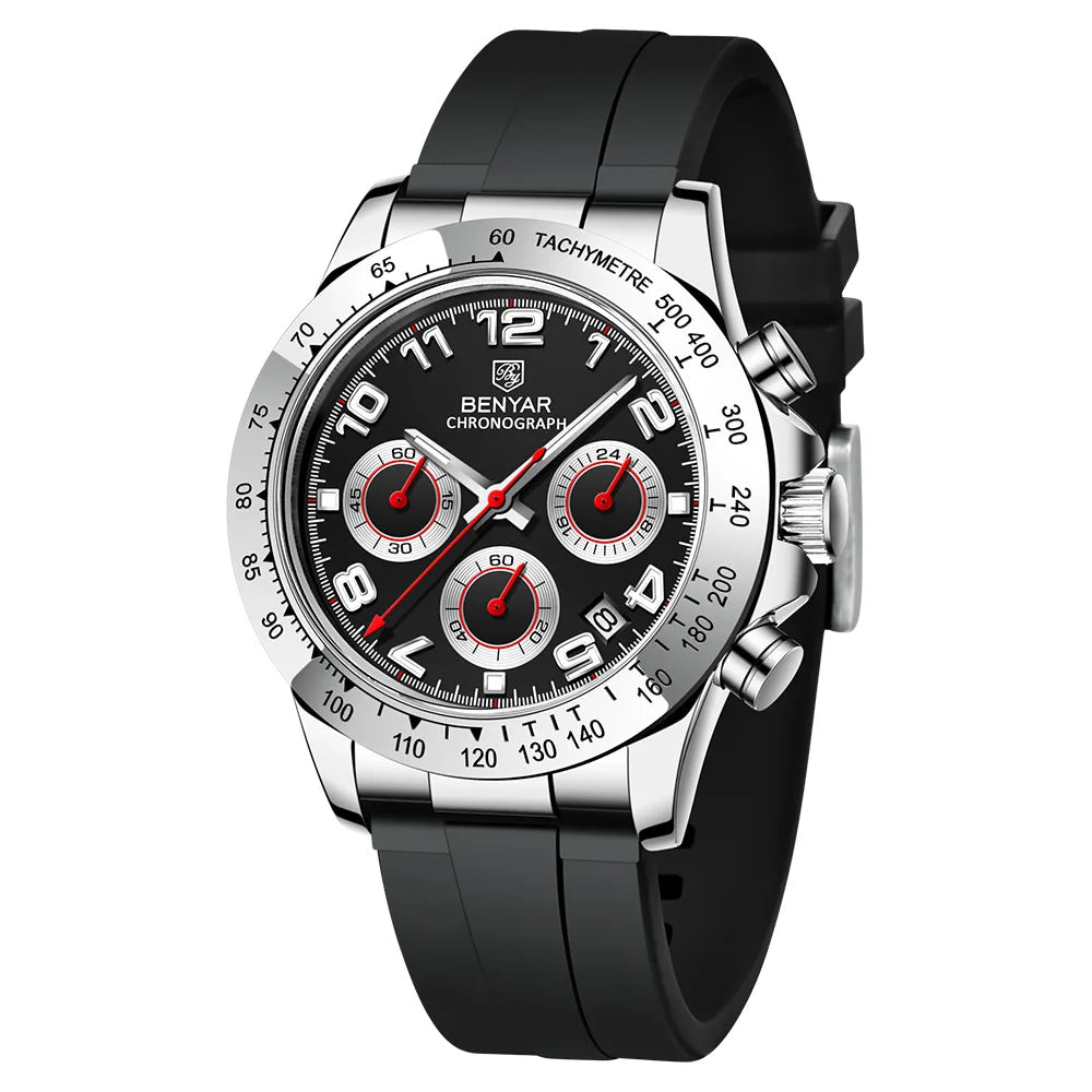 BENYAR New Casual Mens Quartz Watches Steel Bezel Silicone Strap Waterproof Multifunctional Luminous Wristwatch For Man