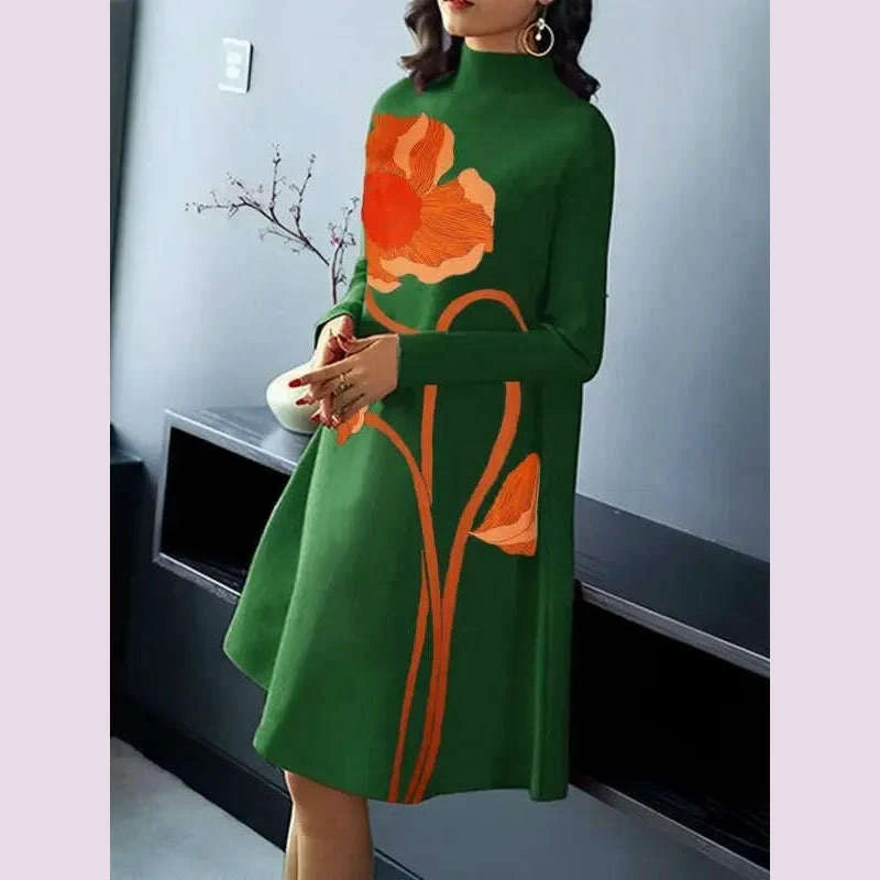 gymystars-flower-print-midi-dresses-urban-long-sleeves-dress-for-women-casual-loose-a-line-zipper-high-neck-green-party-dresses-kimlud-kimlud-33920990
