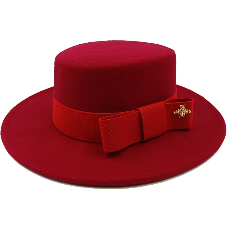 KIMLUD, Wholesale Fedora hats Winter round concave convex surface flat top bow elastic ribbon men&#39;s and women&#39;s felt jazz hats Fedora, 10 / China / 56-58cm, KIMLUD Womens Clothes