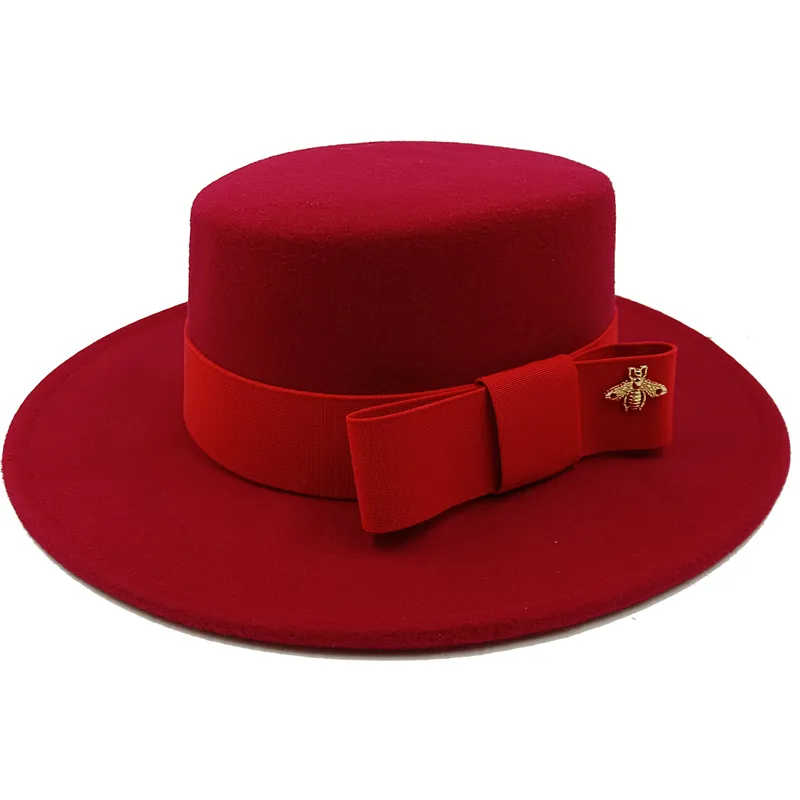 Wholesale Fedora hats Winter round concave convex surface flat top bow elastic ribbon men&#39;s and women&#39;s felt jazz hats Fedora - KIMLUD