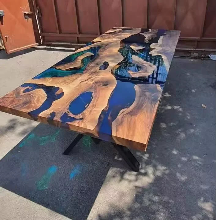 Walnut Solid River Epoxy Dining Table — Walnut | KIMLUD