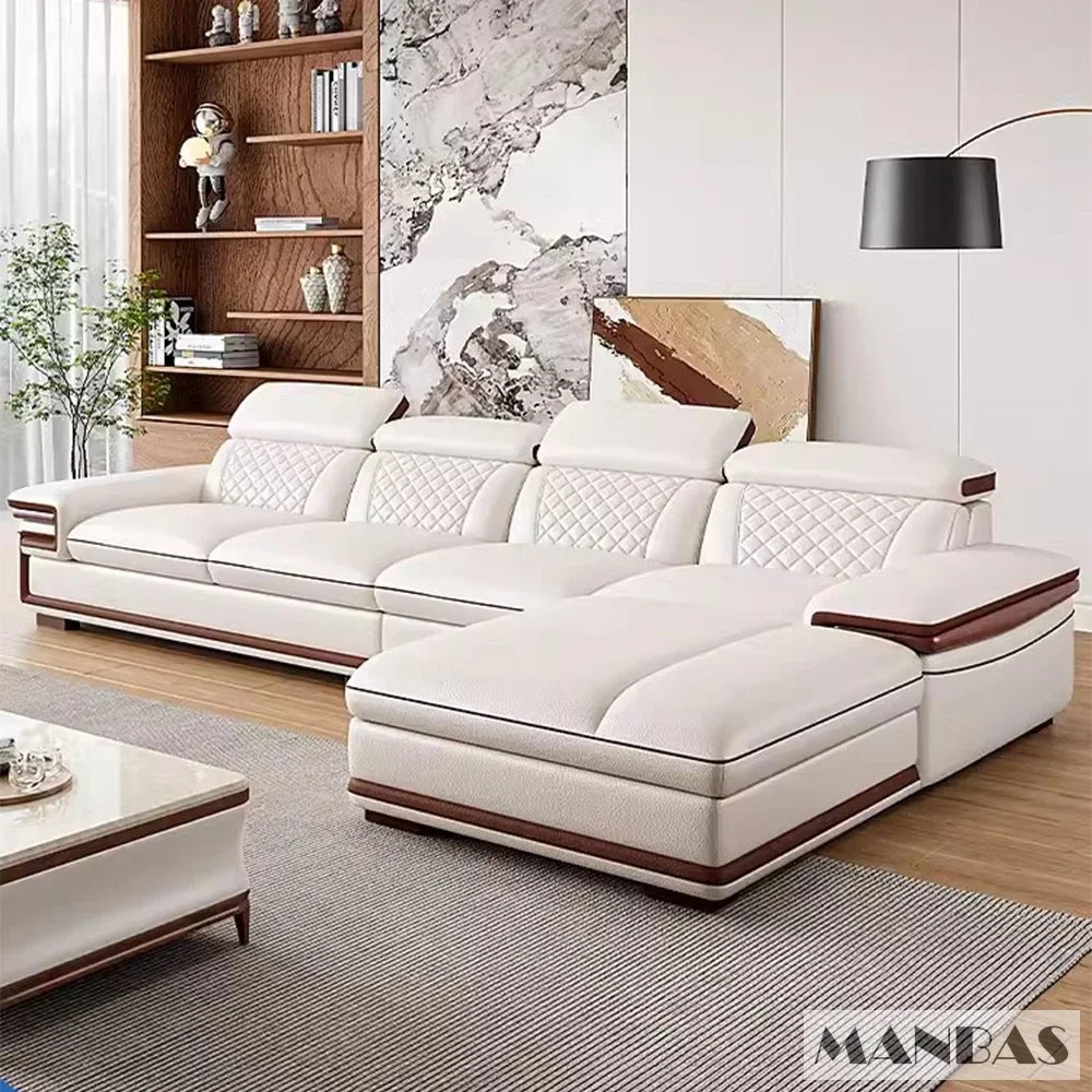 Genuine Italian Leather Sofa Set With Adjustable Headrests — Ivory | KIMLUD