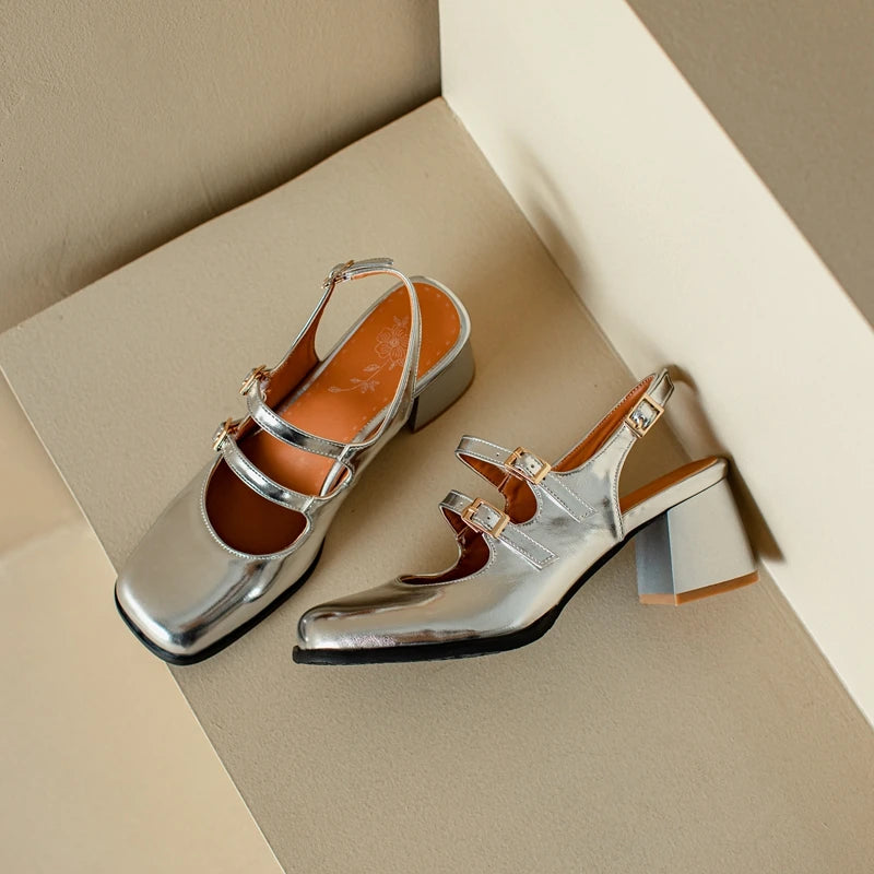 Patent Leather Chunky Mary Jane Pumps Slingback — Black-Silver | KIMLUD