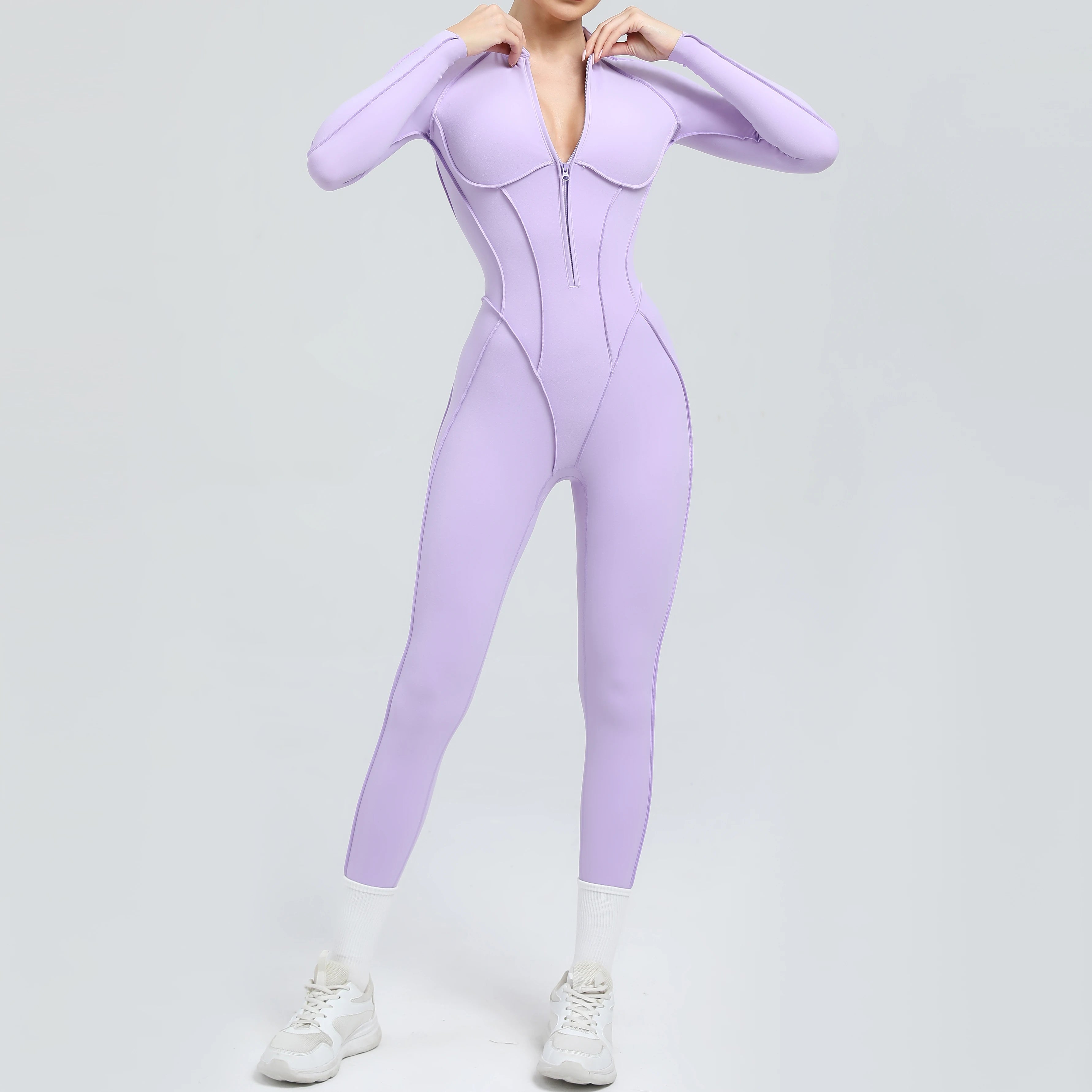 Padded Women Long Sleeve Sport Yoga Jumpsuit Workout Clothes for Women Sportwear Backless Zipper Fitness Gym Outfit