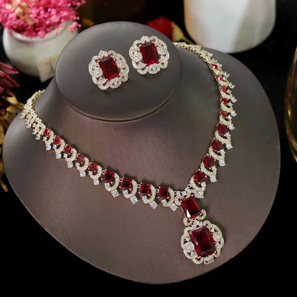 ASNORA New European and American Banquet Jewelry,  Heart Earrings Necklace Set Women's Red Zircon Square Pendant