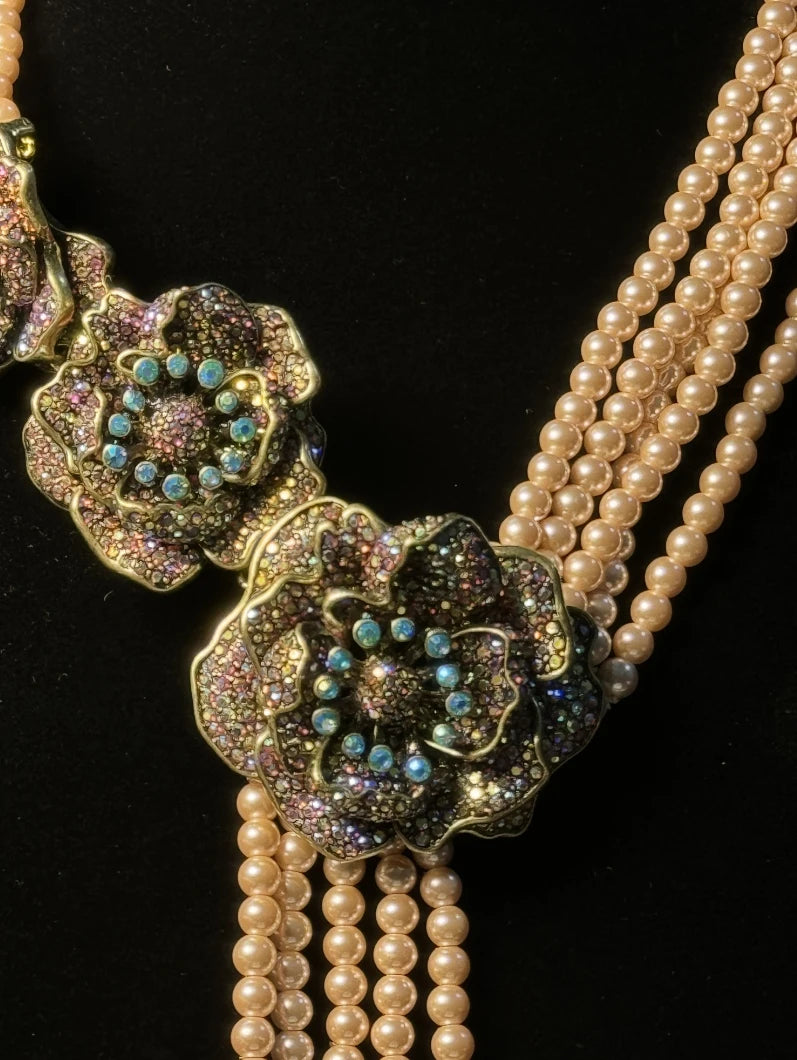 HD Europe and the United States  Retro Literature Sweet Heavy Multi-Layer Glaze Inlaid Shiny Rhinestone Flowers Tassel Necklace