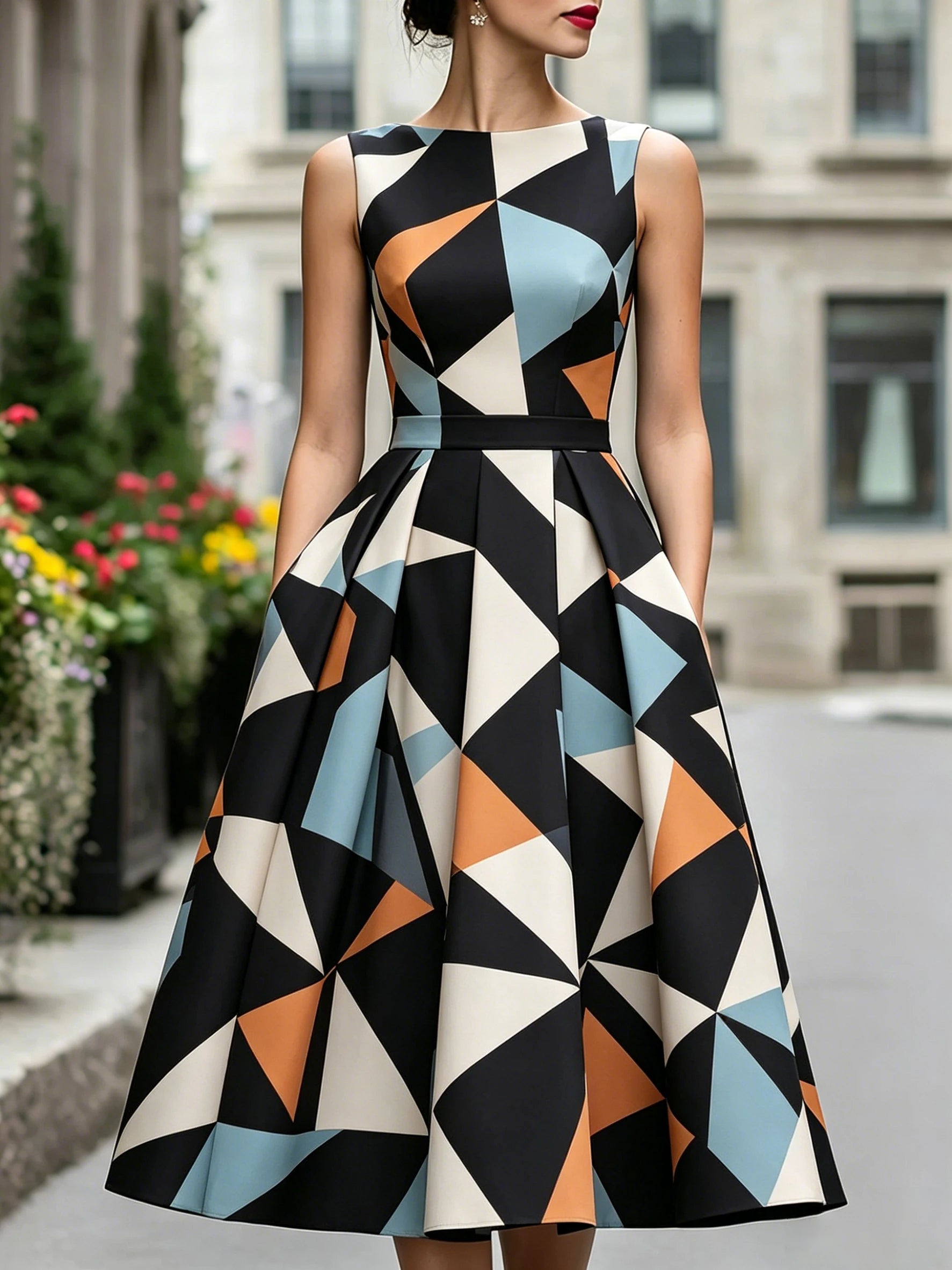 Sleeveless Midi Dress Geometric Print Silhouette Polyester | KIMLUD